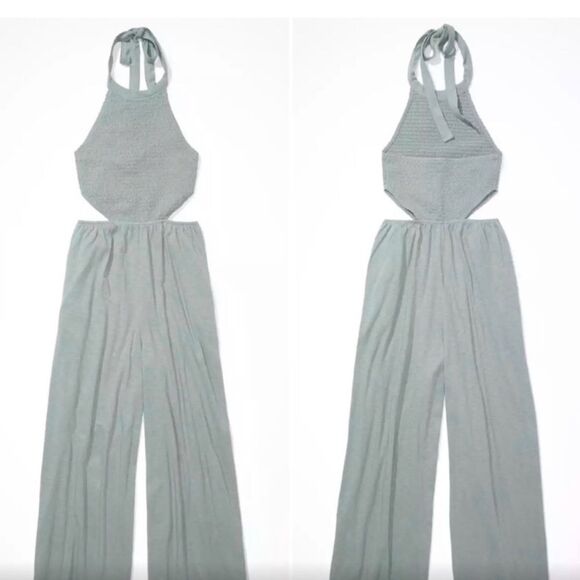 NWT American Eagle Wide Leg Green Blue Jumper small cutout halter boho - Picture 2 of 9